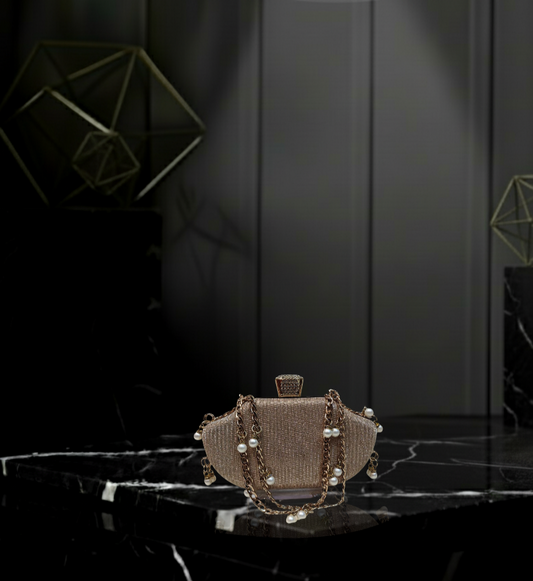 Glitter Finish Evening Clutch with Draping Pearl & Chain Accents ✨🤍