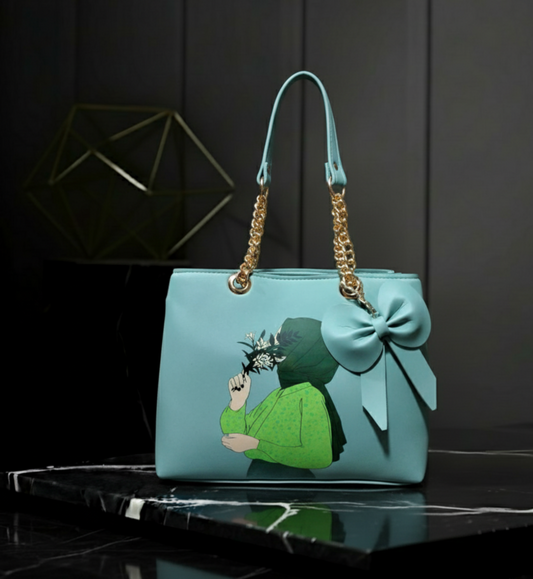 Hijab Girl Artistic Printed Tote Bag with Bow and Chain Detail 🎀