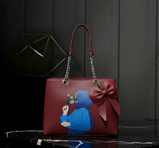 Hijab Girl Artistic Printed Tote Bag with Bow and Chain Detail 🎀
