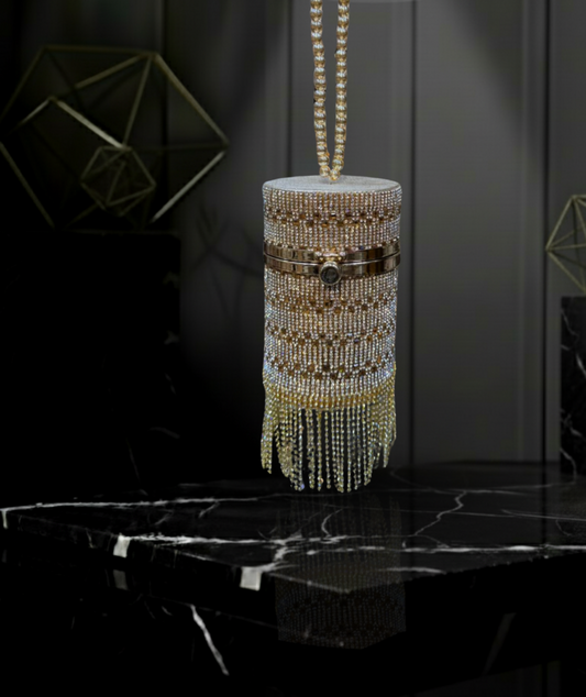 Crystal-Embellished Cylinder Clutch with Glamorous Beaded Fringe ✨🥂