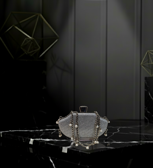 Glitter Finish Evening Clutch with Draping Pearl & Chain Accents ✨🤍