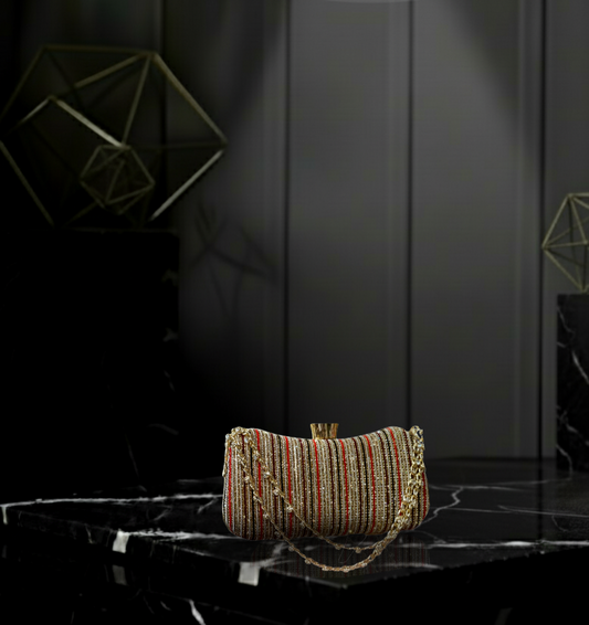 Shimmering Striped Evening Bag with Gold Chain Accent ✨🌙